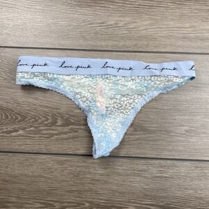 Victoria's Secret PINK Women's Sheer Lace Thong Underwear Blue Leopard Large New
